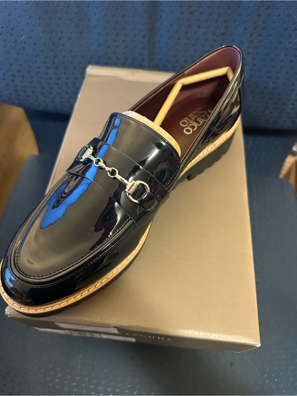 Franco Sarto Black Patent Leather Loafers with Metal Bit